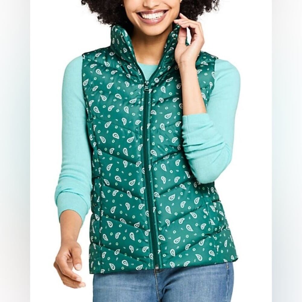 Lands End Down‎ Filled Puffer Vest Green & White Paisley Print, Size Small